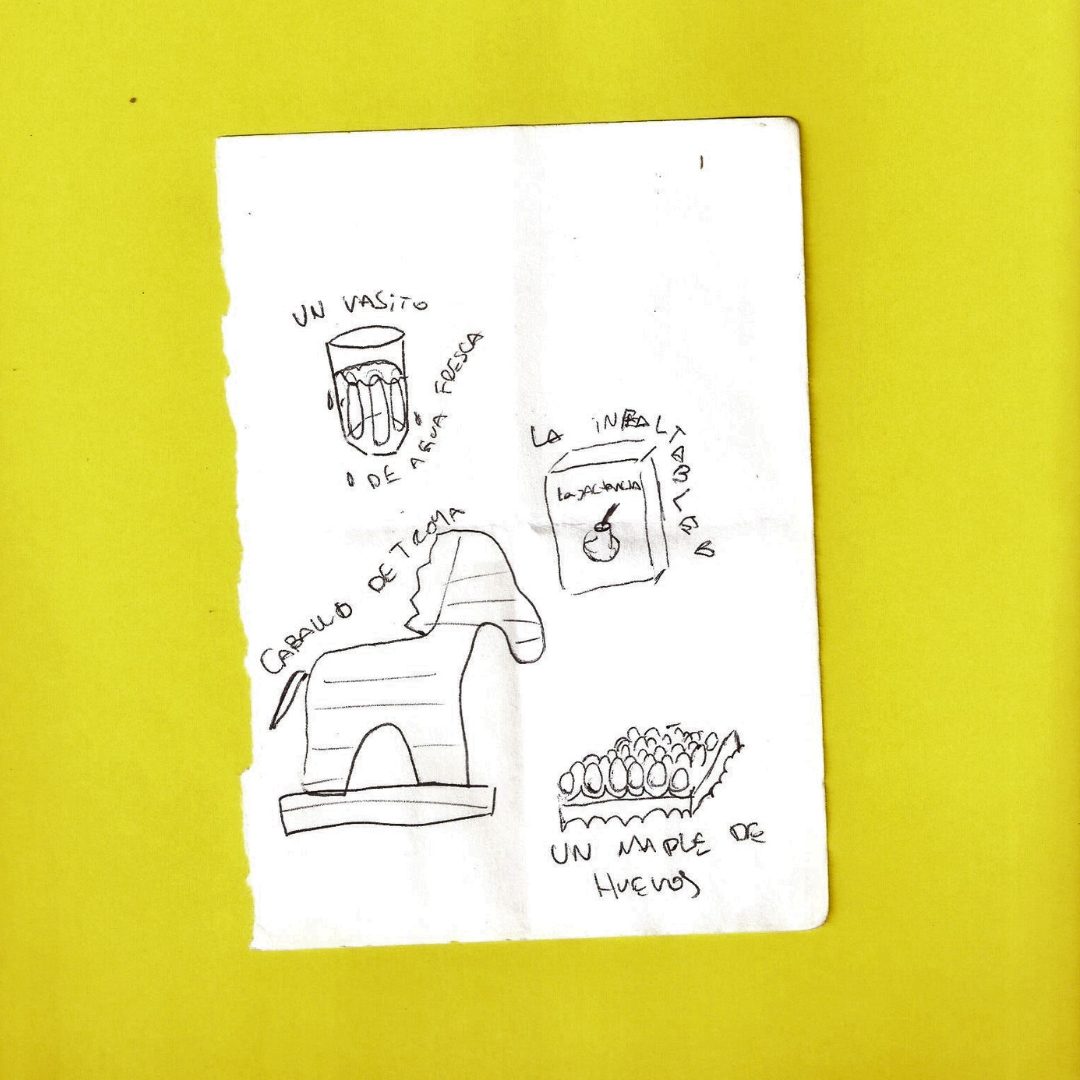 Papel escaneado con dibujos: un vaso de agua, mate, un caballo de troya y un maple de huevos